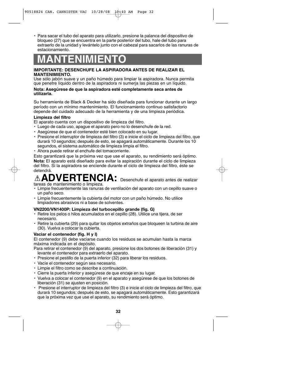 Mantenimiento, Advertencia | Black & Decker VN2200 User Manual | Page 32 / 36