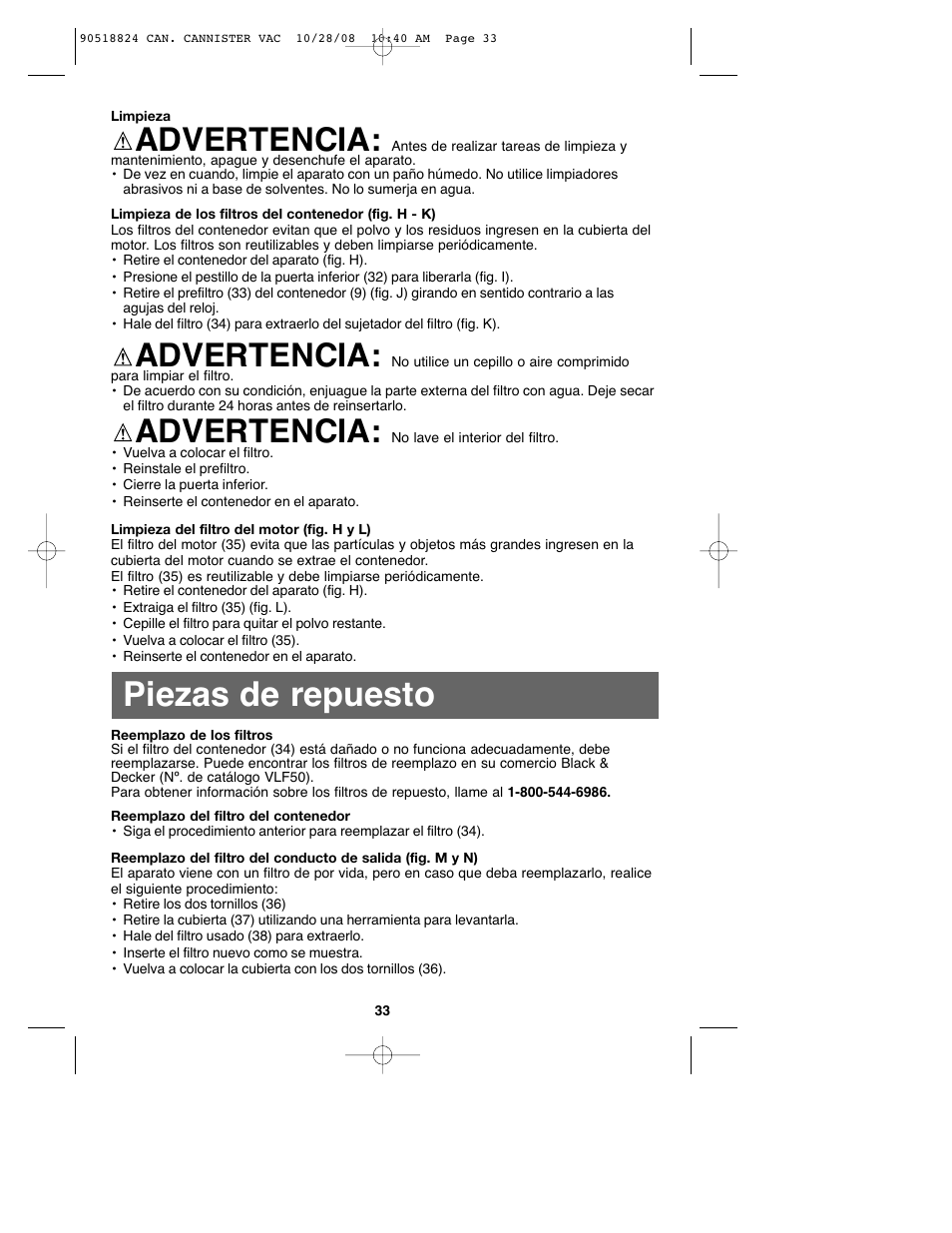 Piezas de repuesto, Advertencia | Black & Decker VN2200 User Manual | Page 33 / 36