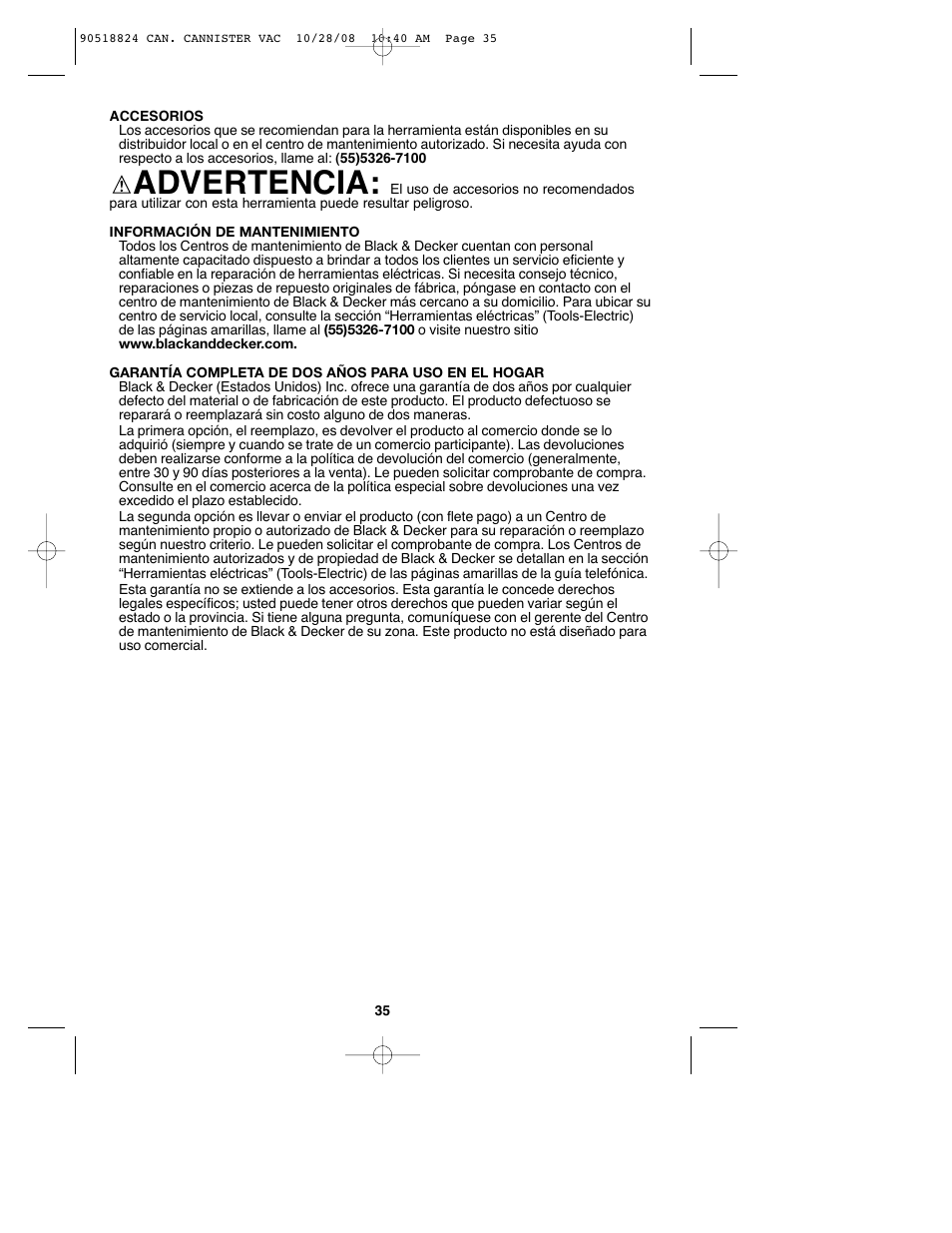 Advertencia | Black & Decker VN2200 User Manual | Page 35 / 36