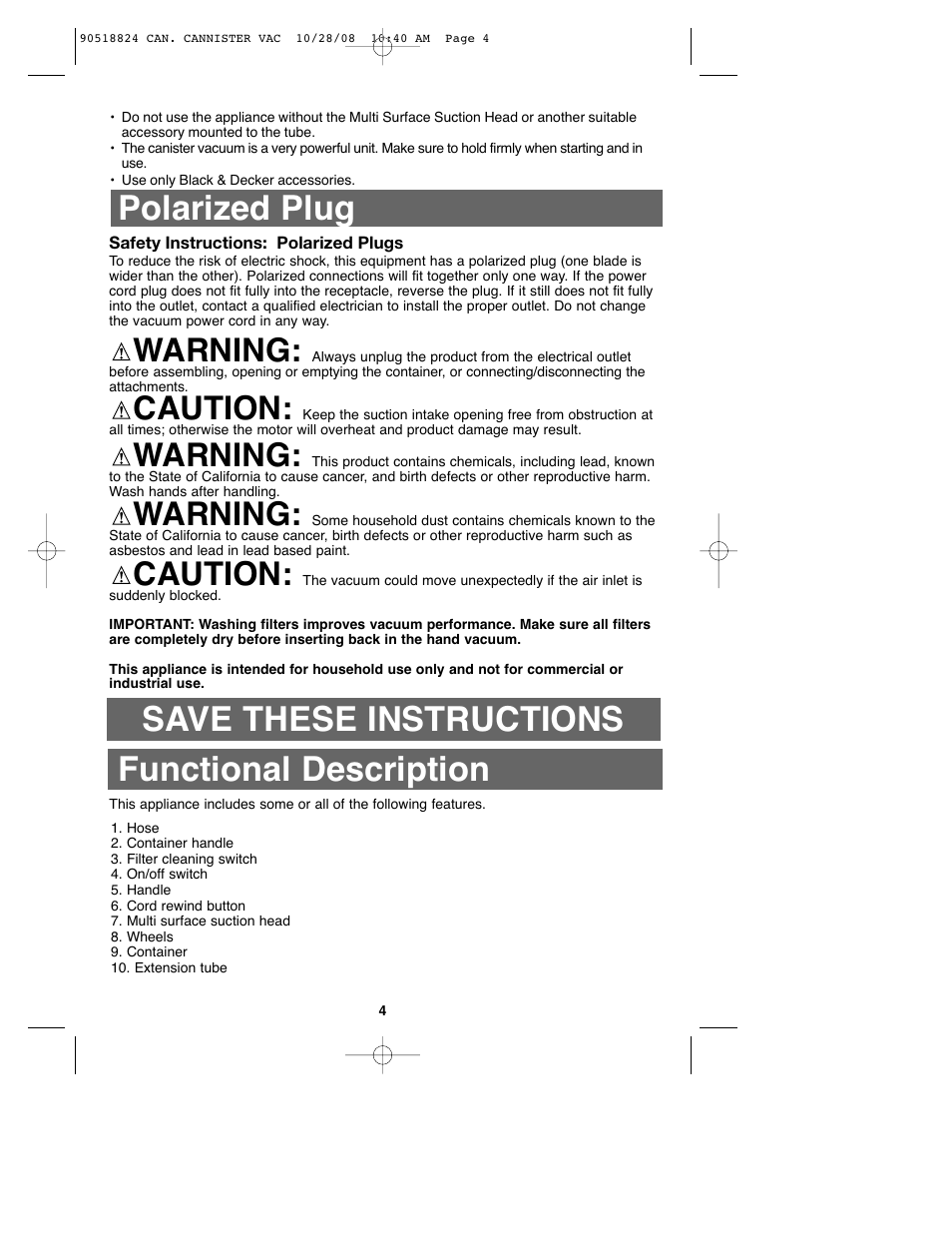 Warning, Caution | Black & Decker VN2200 User Manual | Page 4 / 36