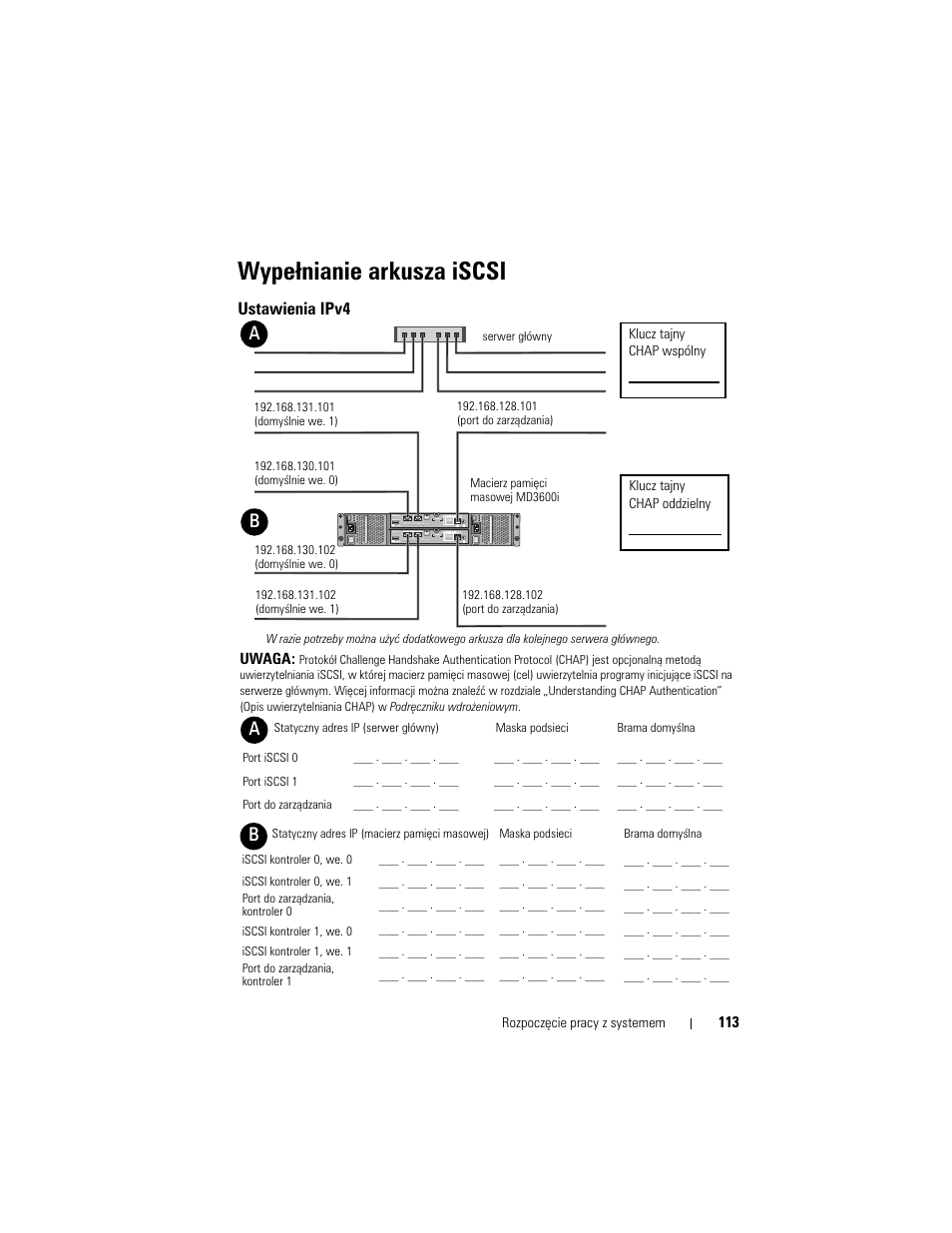 Wypełnianie arkusza iscsi, Ustawienia ipv4 | Dell POWERVAULT MD3600I User Manual | Page 115 / 222