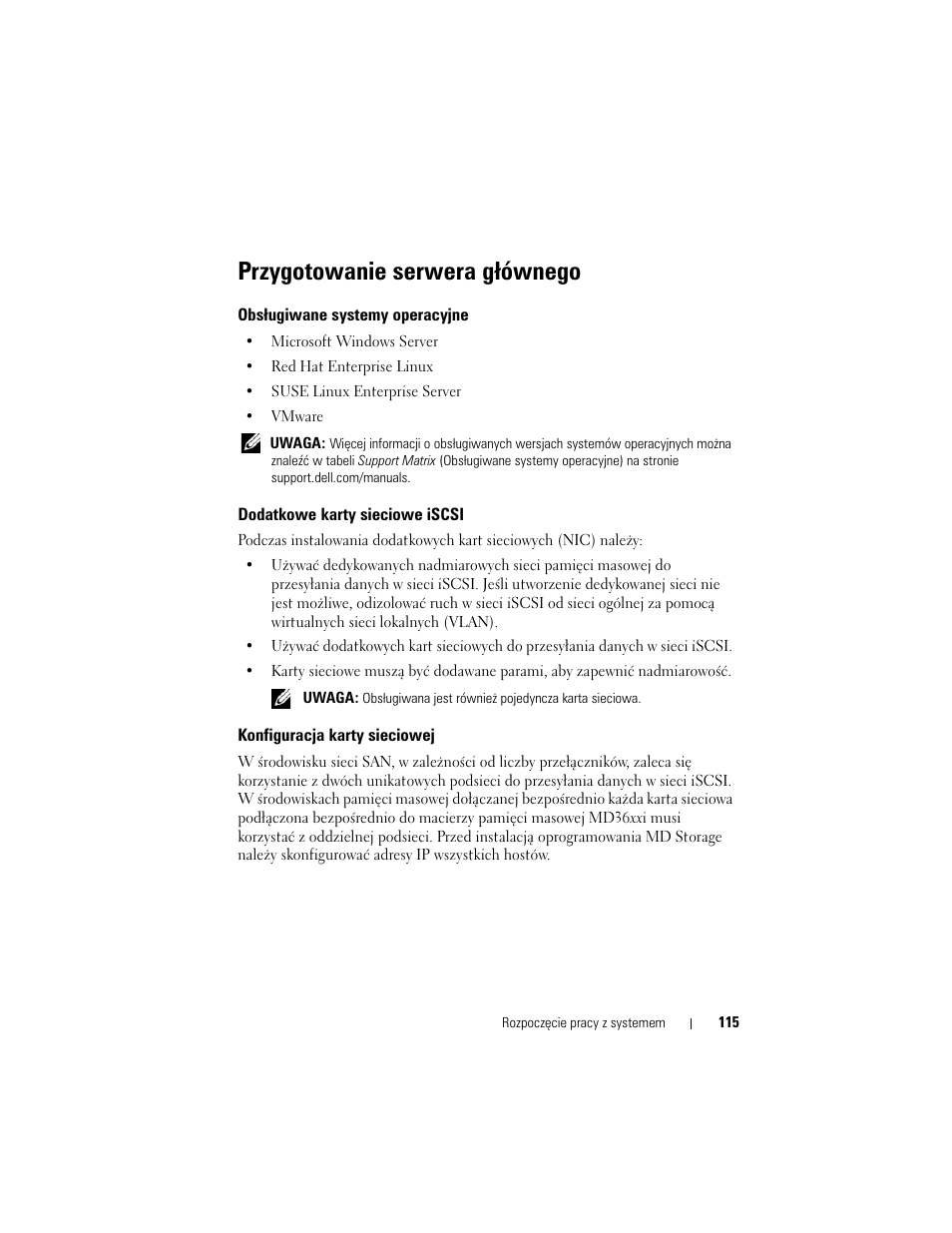 Przygotowanie serwera głównego, Obsługiwane systemy operacyjne, Dodatkowe karty sieciowe iscsi | Konfiguracja karty sieciowej | Dell POWERVAULT MD3600I User Manual | Page 117 / 222