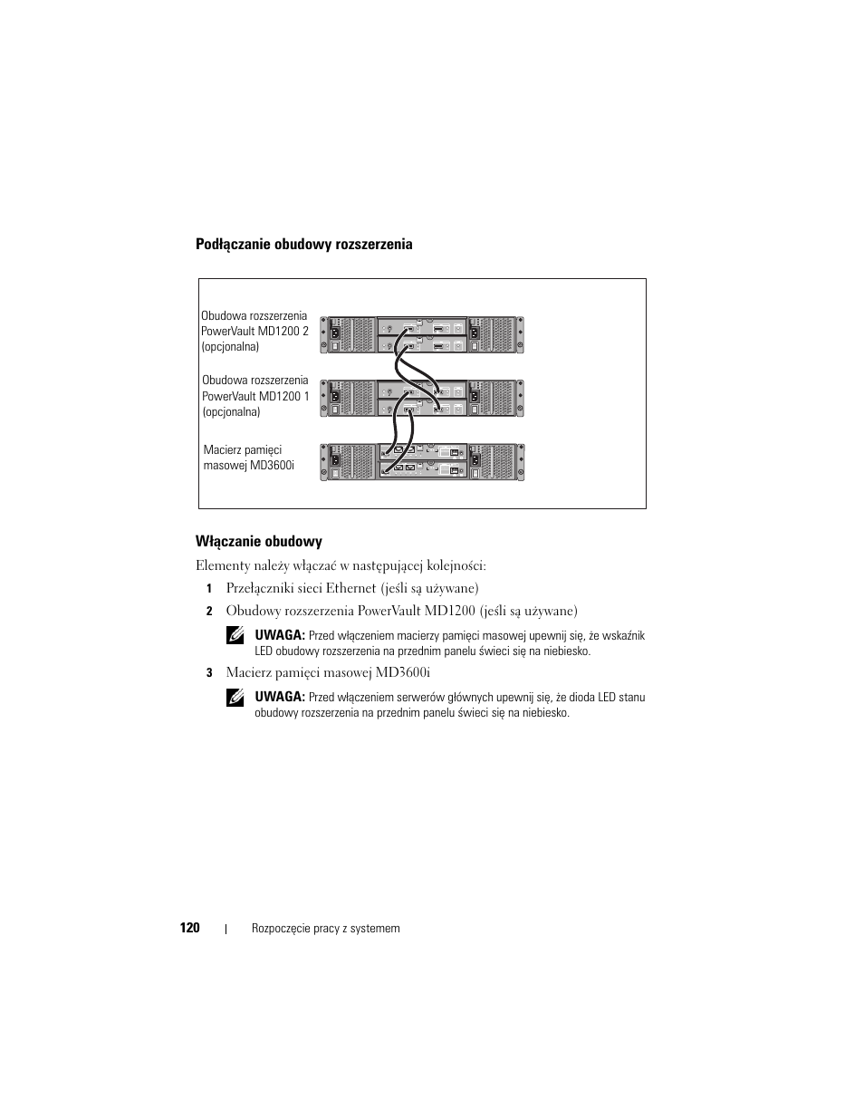 Podłączanie obudowy rozszerzenia, Włączanie obudowy | Dell POWERVAULT MD3600I User Manual | Page 122 / 222