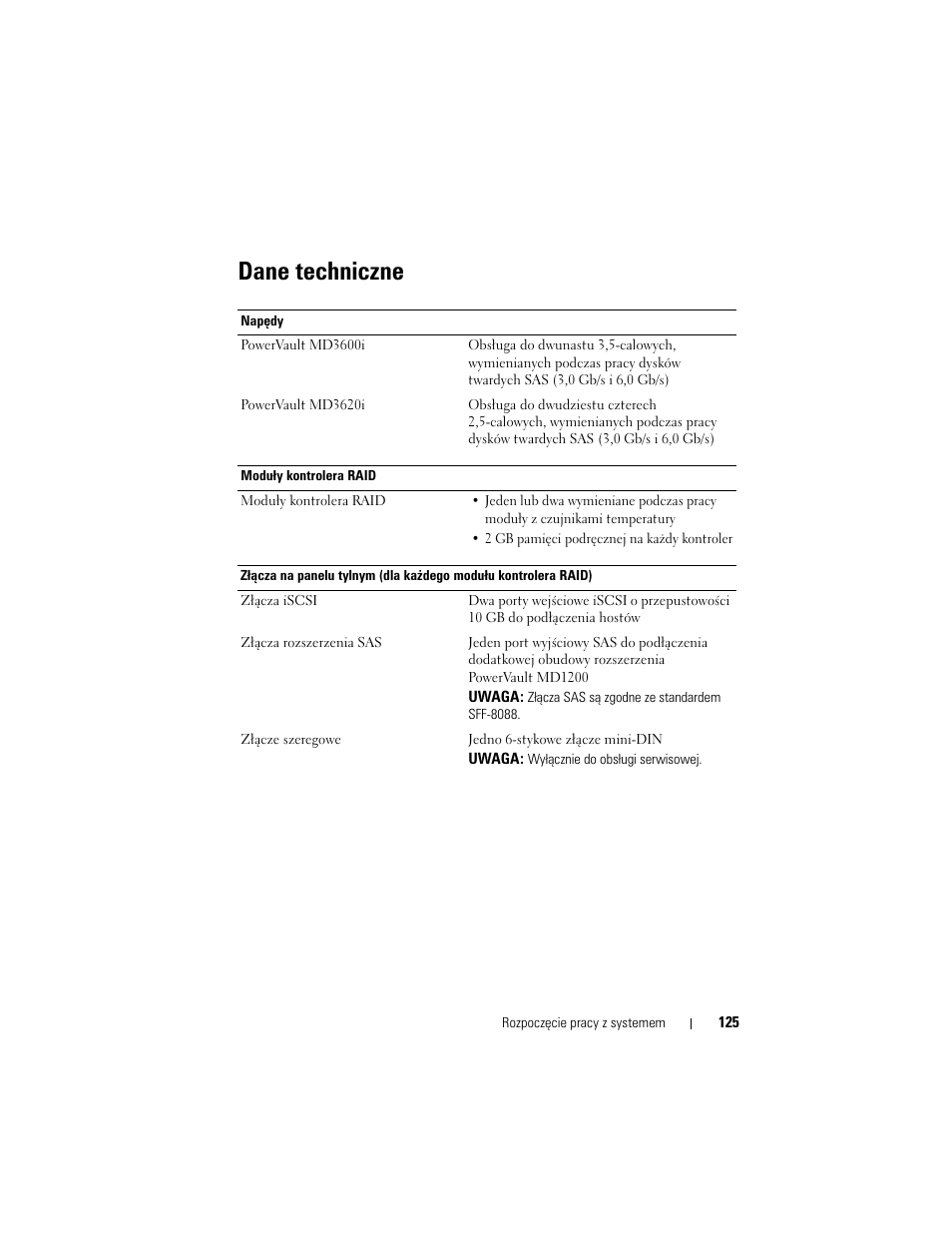 Dane techniczne | Dell POWERVAULT MD3600I User Manual | Page 127 / 222