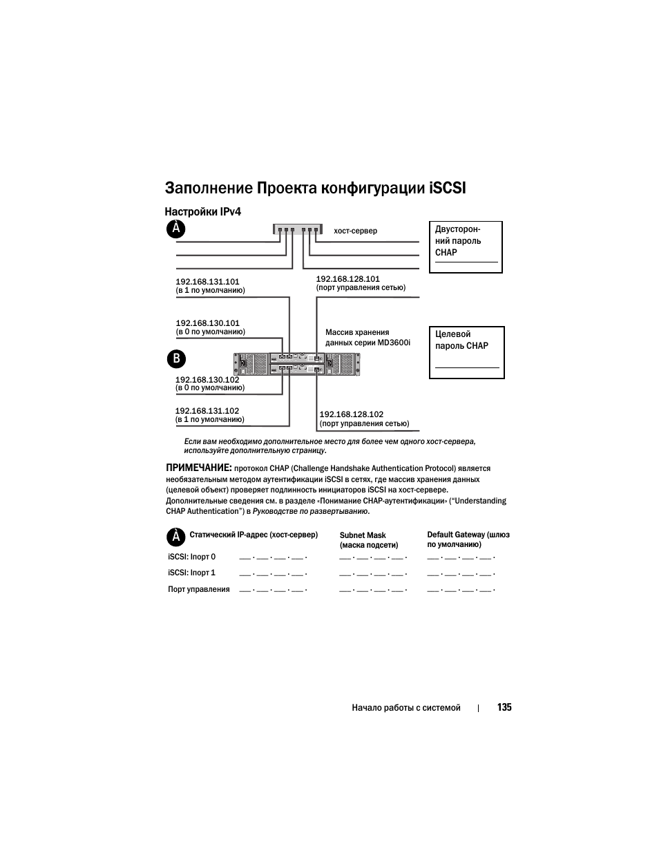 Заполнение проекта конфигурации iscsi, Заполнение проекта конфигурации iscsi» на, Настройки ipv4 | Dell POWERVAULT MD3600I User Manual | Page 137 / 222