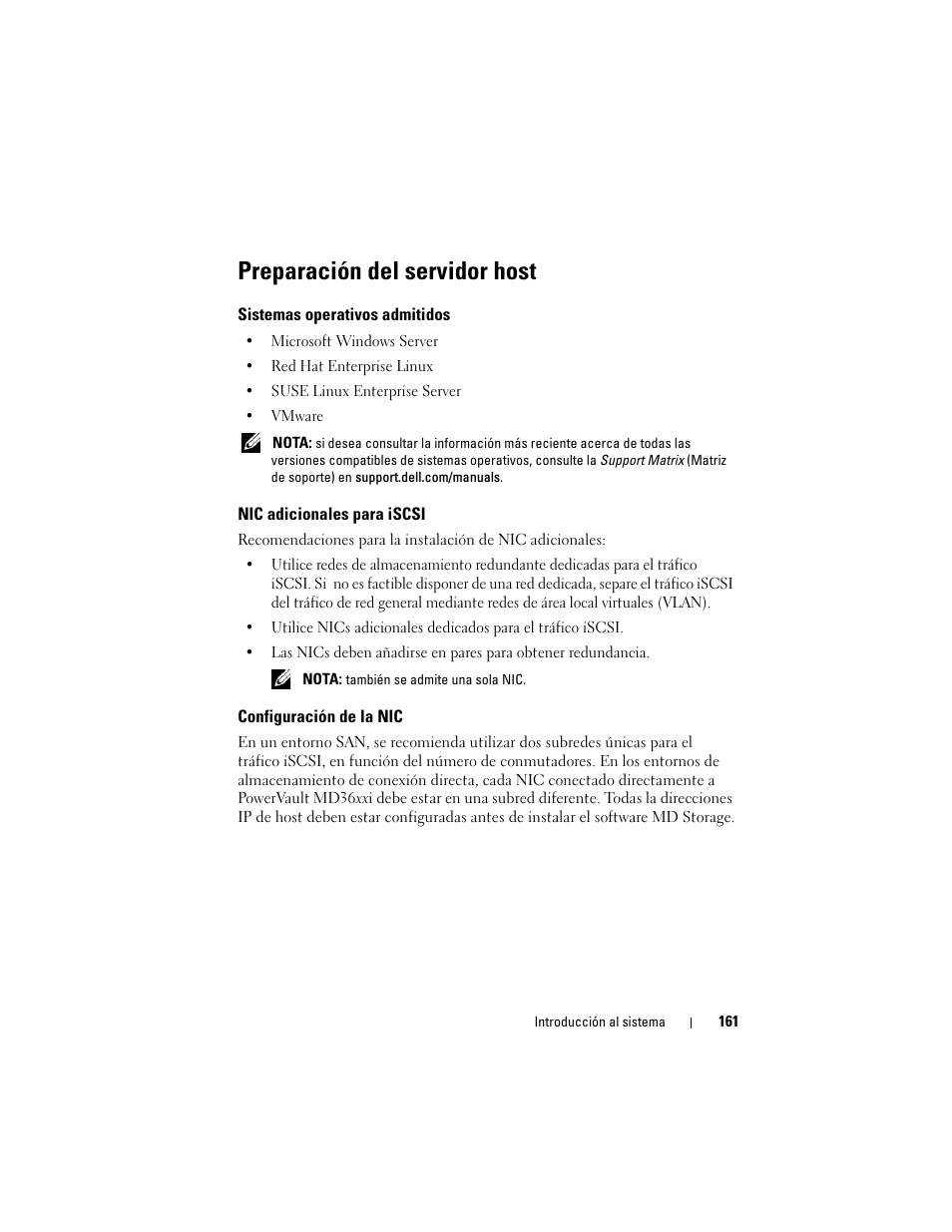 Preparación del servidor host, Sistemas operativos admitidos, Nic adicionales para iscsi | Configuración de la nic | Dell POWERVAULT MD3600I User Manual | Page 163 / 222