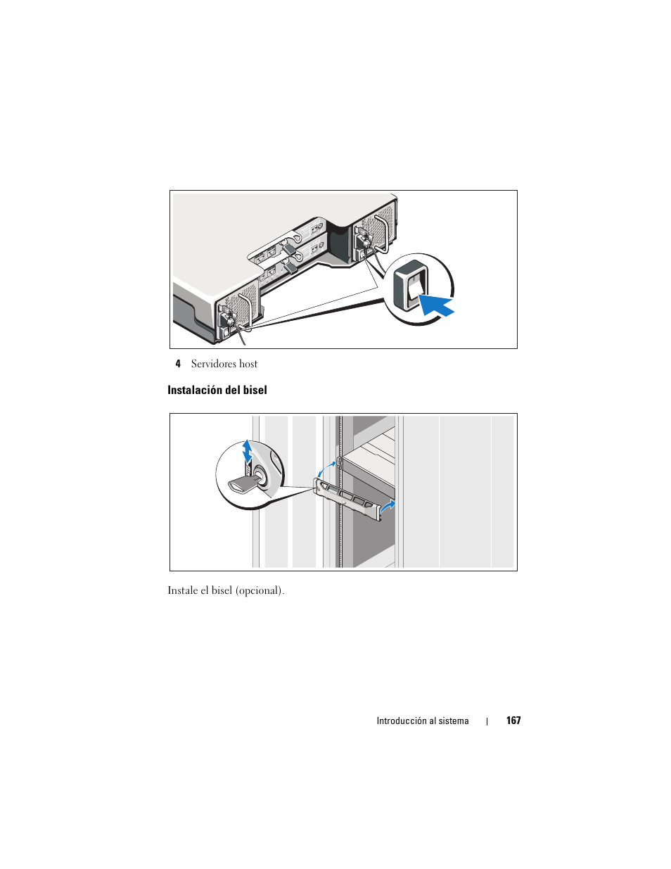 Instalación del bisel | Dell POWERVAULT MD3600I User Manual | Page 169 / 222