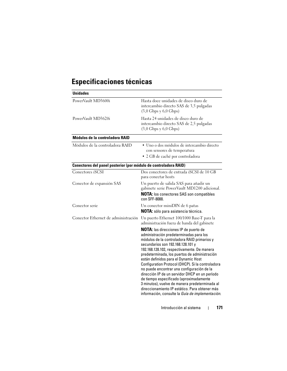 Especificaciones técnicas | Dell POWERVAULT MD3600I User Manual | Page 173 / 222