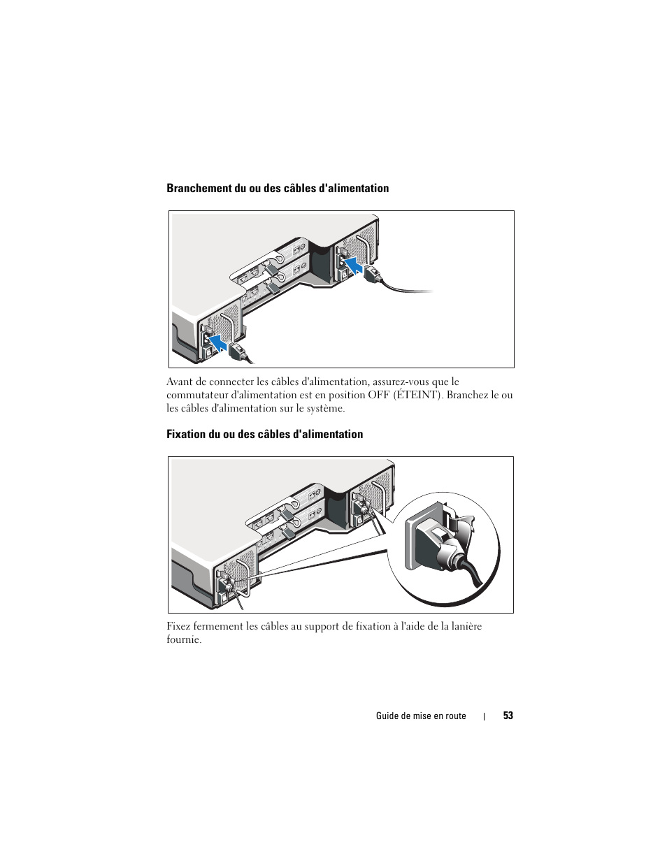 Branchement du ou des câbles d'alimentation, Fixation du ou des câbles d'alimentation | Dell POWERVAULT MD3600I User Manual | Page 55 / 222