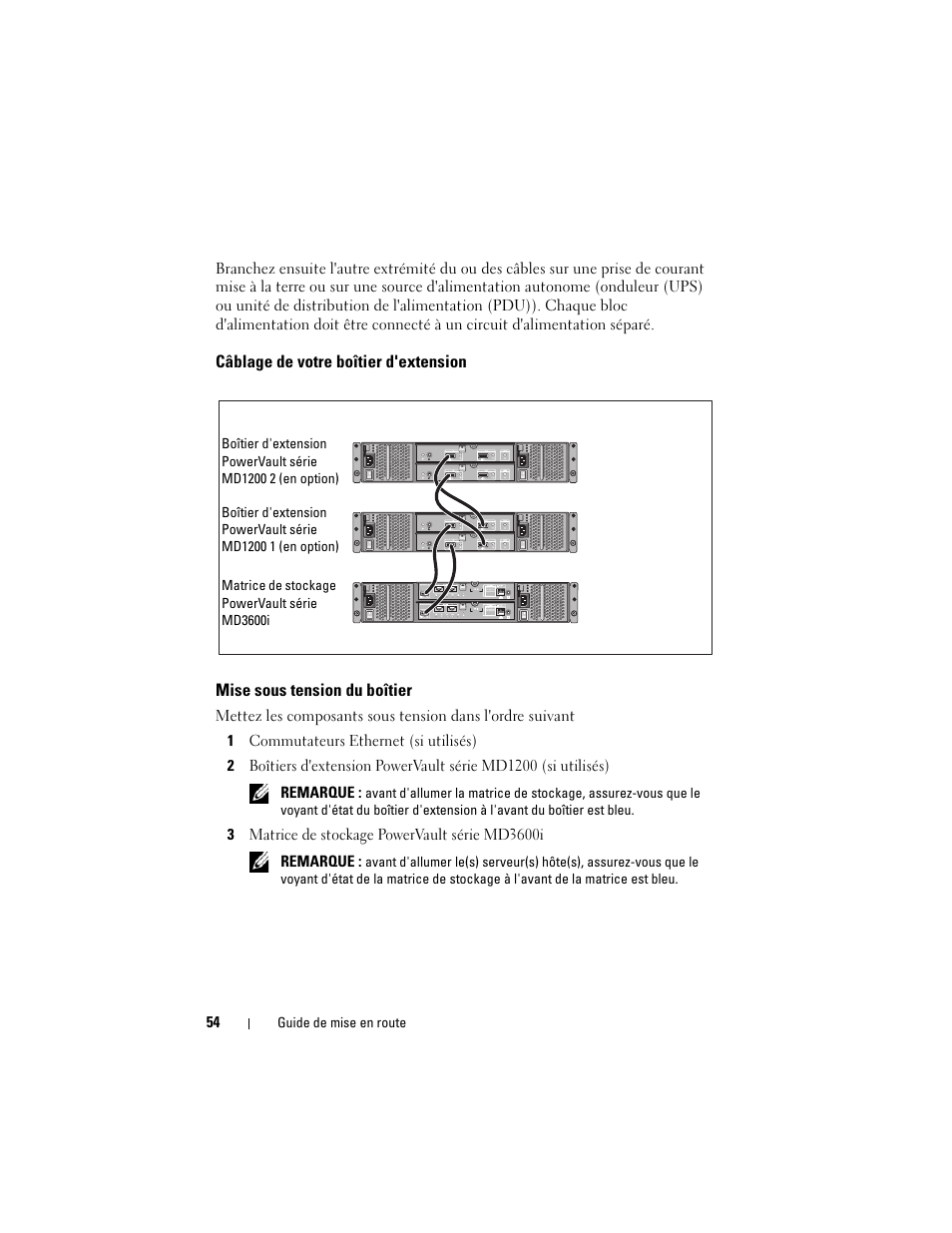 Câblage de votre boîtier d'extension, Mise sous tension du boîtier | Dell POWERVAULT MD3600I User Manual | Page 56 / 222