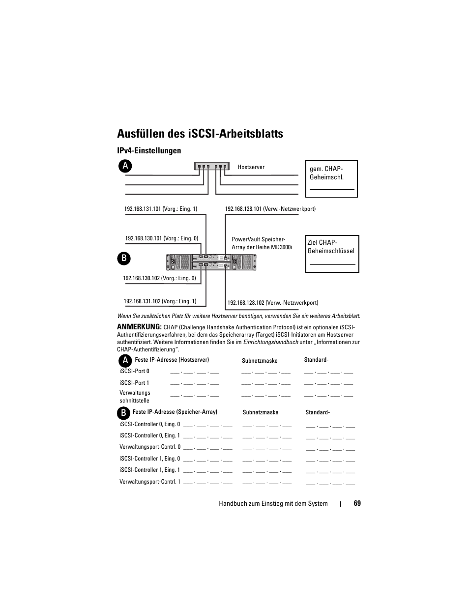 Ausfüllen des iscsi-arbeitsblatts, Ipv4-einstellungen | Dell POWERVAULT MD3600I User Manual | Page 71 / 222