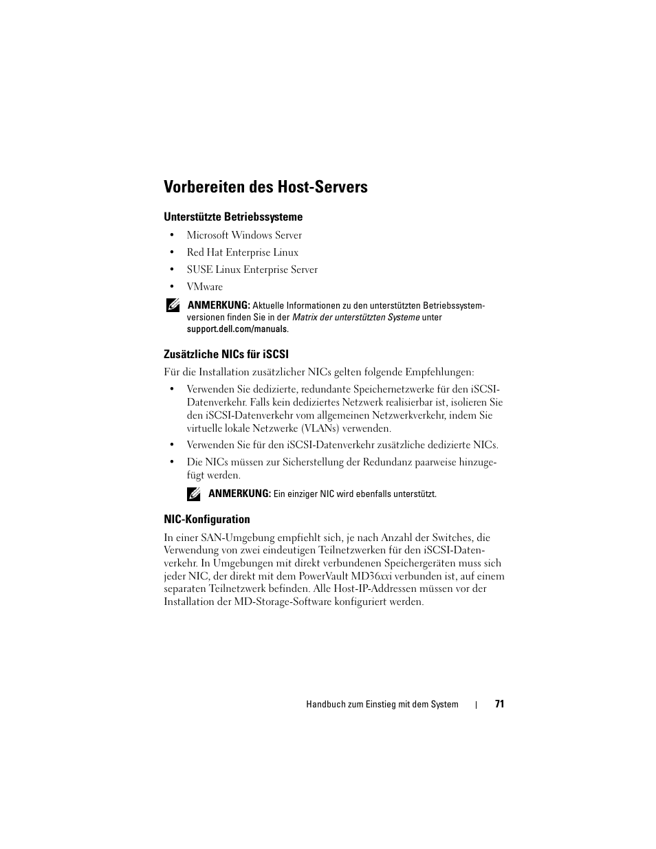 Vorbereiten des host-servers, Unterstützte betriebssysteme, Zusätzliche nics für iscsi | Nic-konfiguration | Dell POWERVAULT MD3600I User Manual | Page 73 / 222