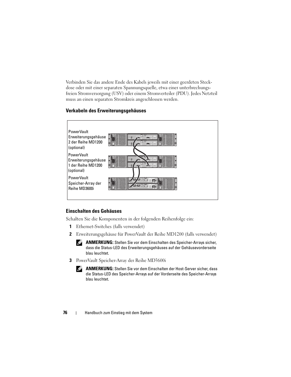 Verkabeln des erweiterungsgehäuses, Einschalten des gehäuses | Dell POWERVAULT MD3600I User Manual | Page 78 / 222