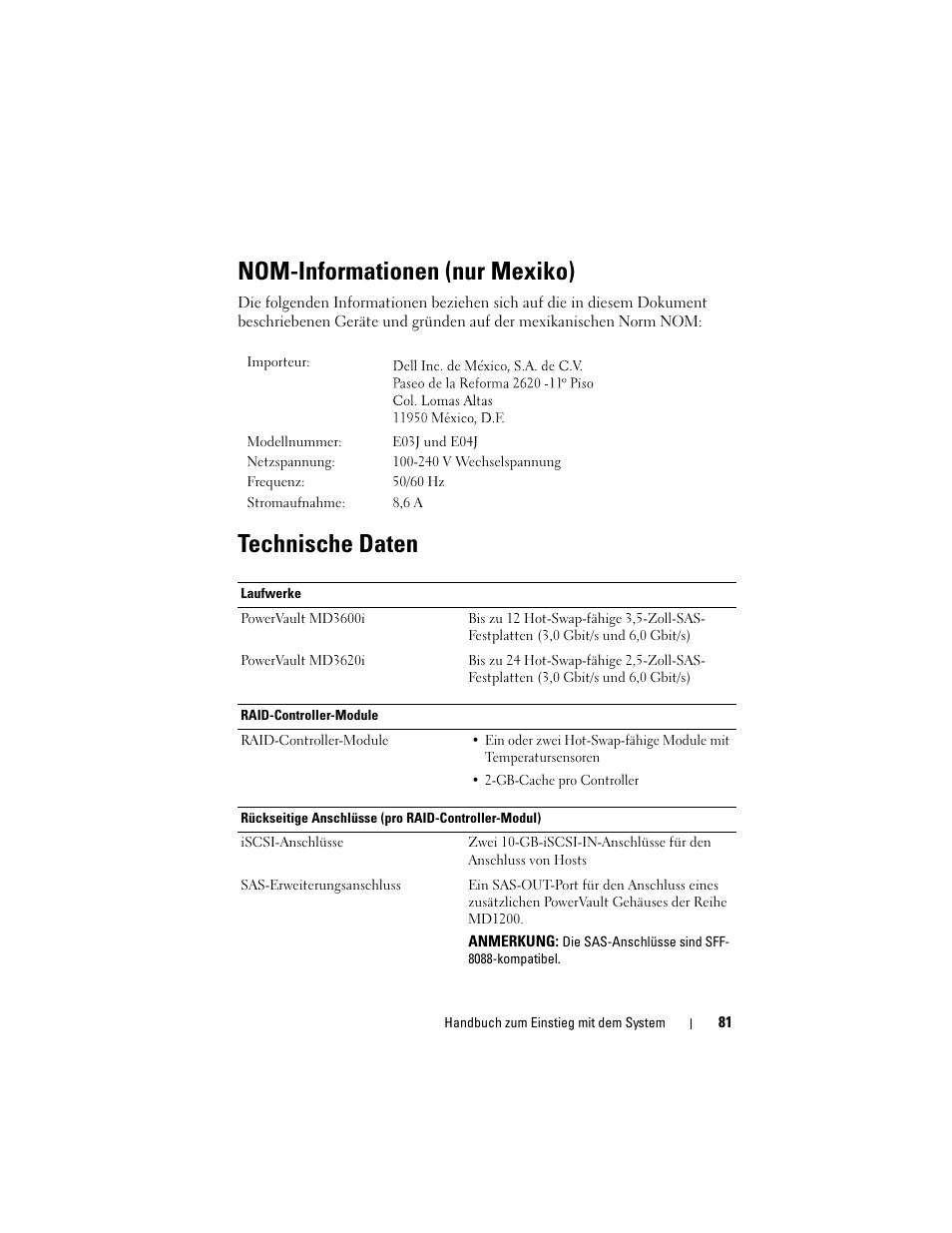 Nom-informationen (nur mexiko), Technische daten | Dell POWERVAULT MD3600I User Manual | Page 83 / 222