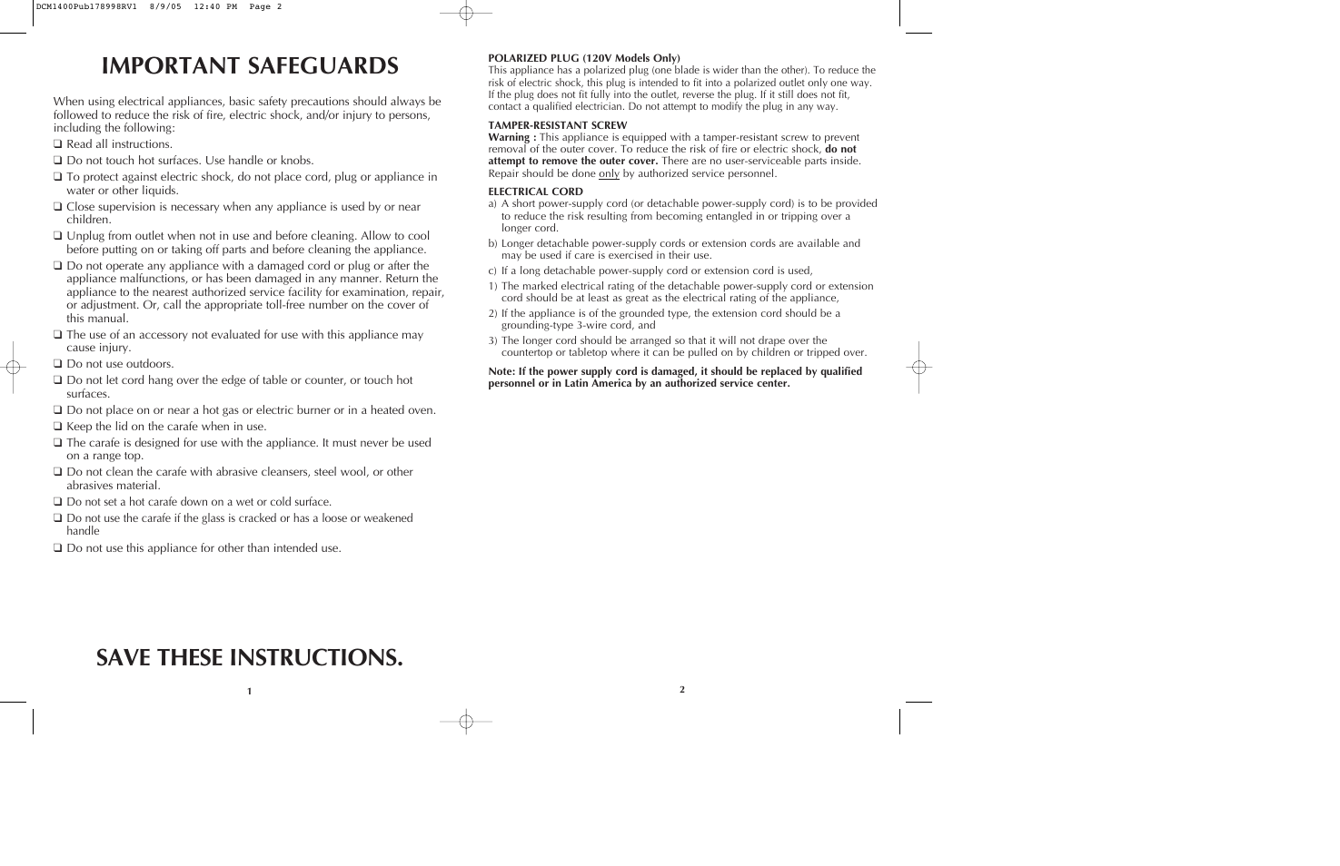 Important safeguards, Save these instructions | Black & Decker DCM1400 User Manual | Page 2 / 13