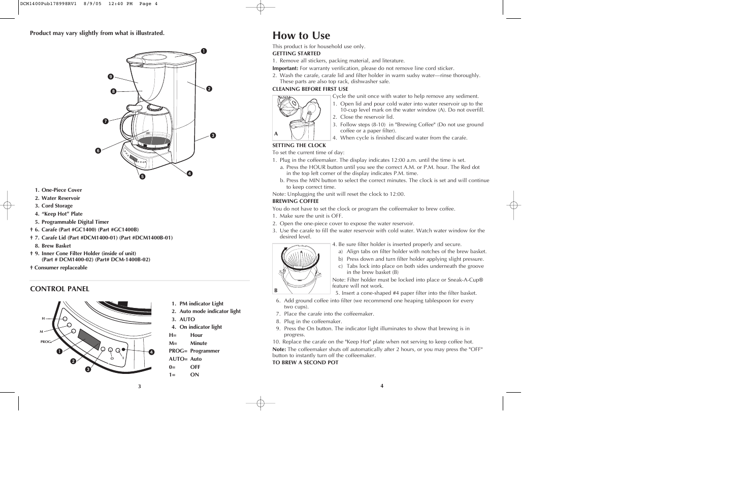 How to use, Control panel | Black & Decker DCM1400 User Manual | Page 3 / 13