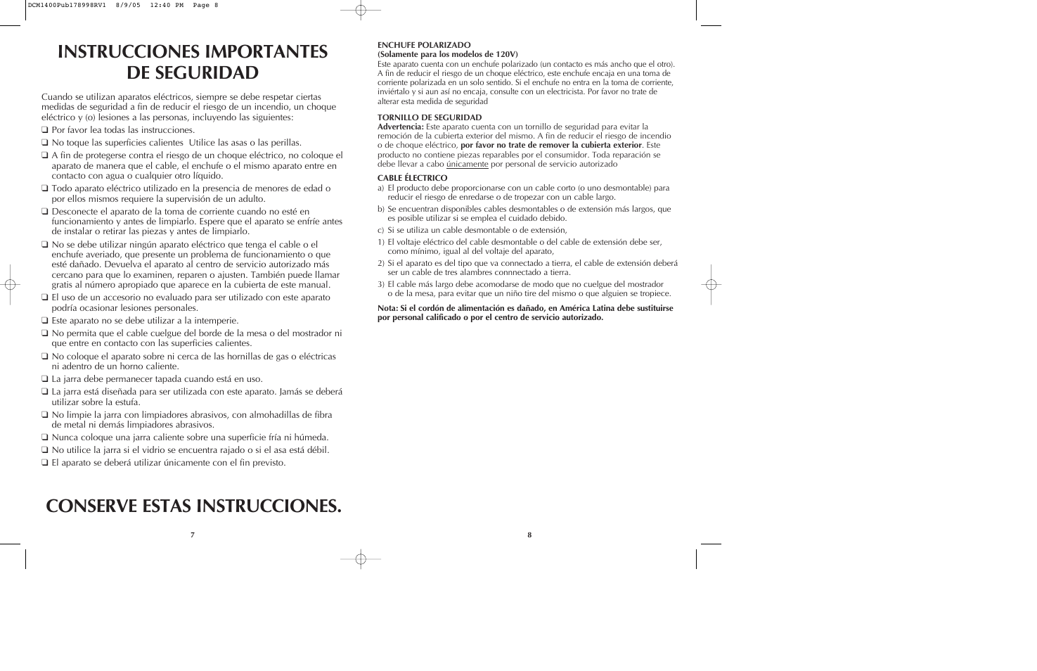 Conserve estas instrucciones, Instrucciones importantes de seguridad | Black & Decker DCM1400 User Manual | Page 5 / 13