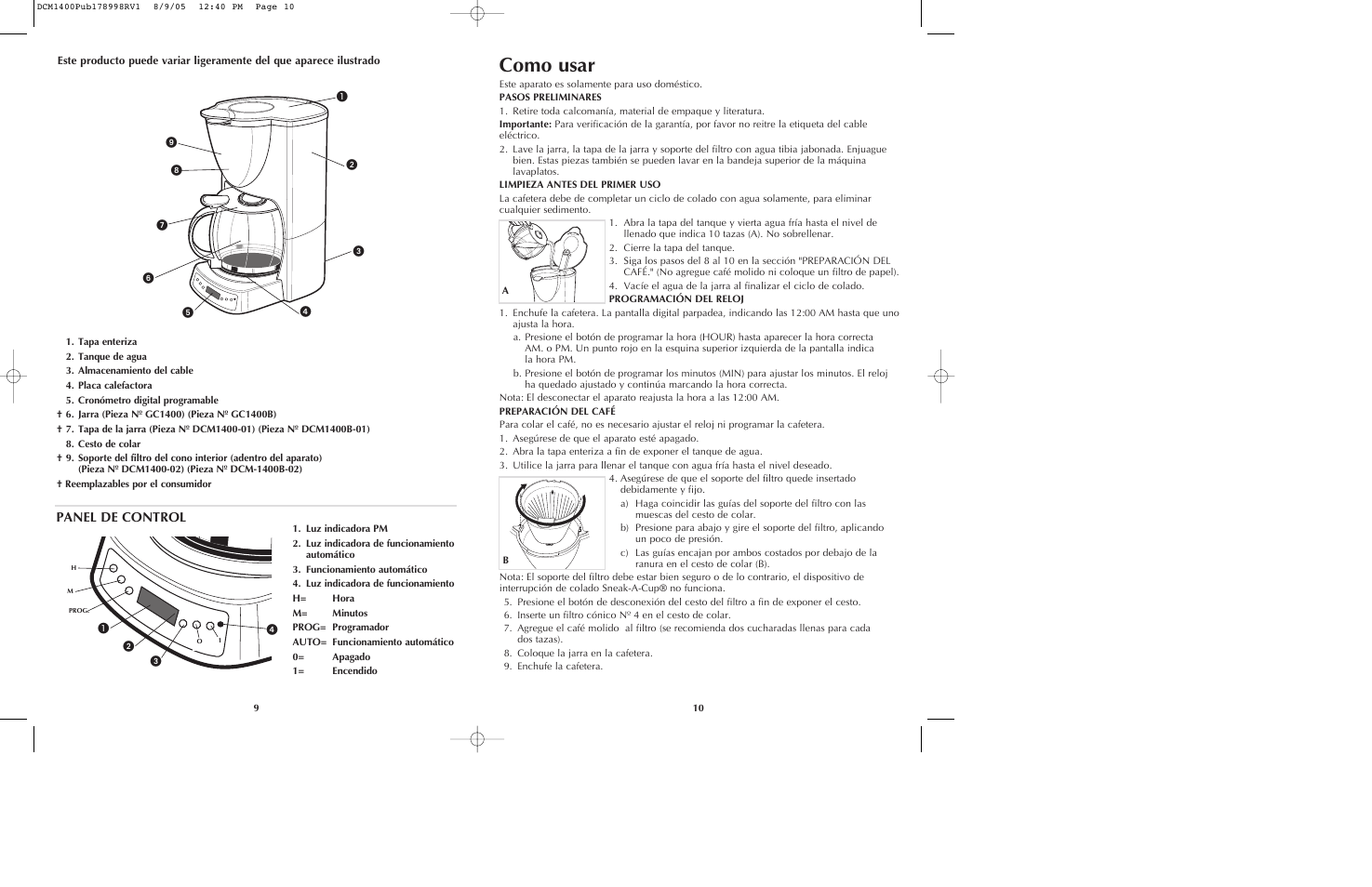 Como usar, Panel de control | Black & Decker DCM1400 User Manual | Page 6 / 13