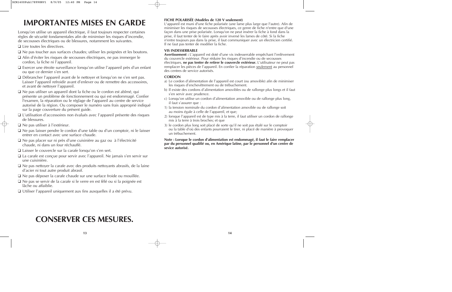 Importantes mises en garde conserver ces mesures | Black & Decker DCM1400 User Manual | Page 8 / 13