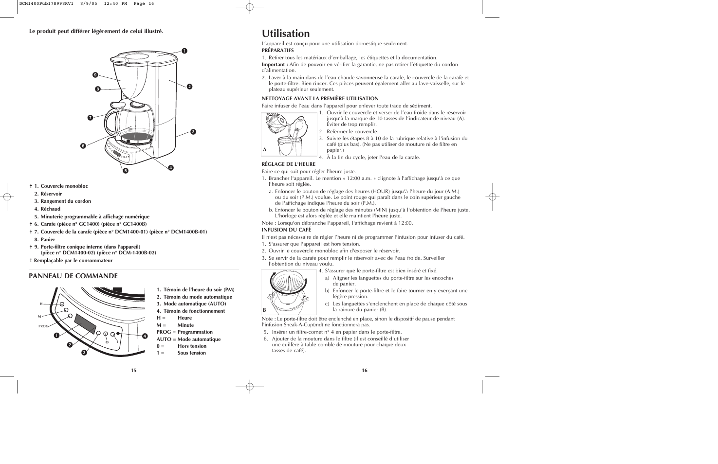 Utilisation, Panneau de commande | Black & Decker DCM1400 User Manual | Page 9 / 13