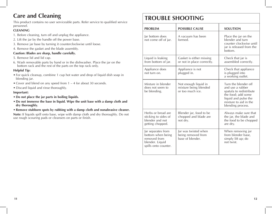 Care and cleaning, Trouble shooting | Black & Decker BLC18750DMB User Manual | Page 7 / 27