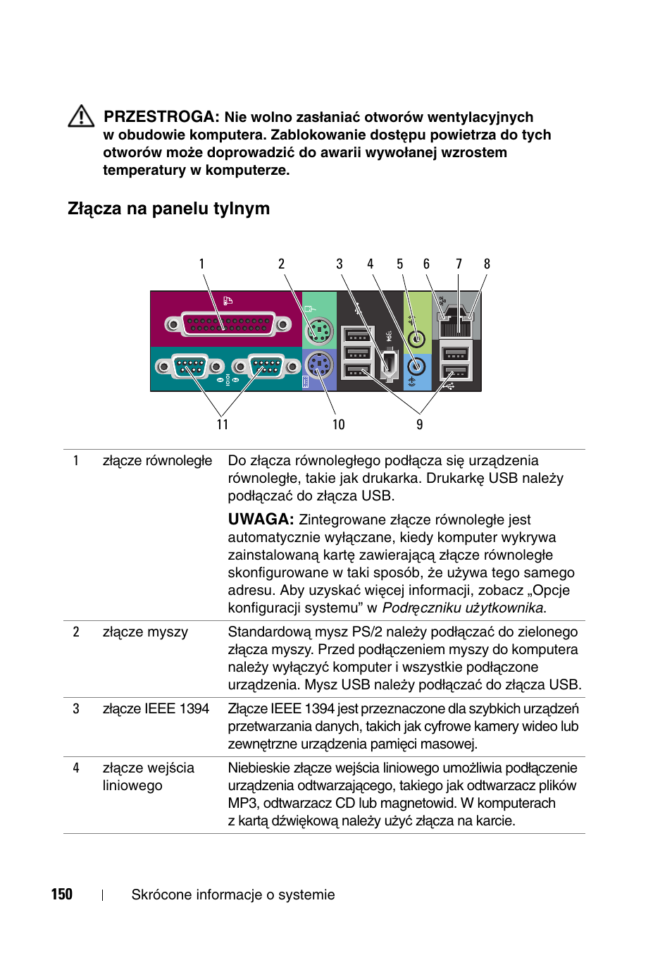 Złącza na panelu tylnym, Ącza na panelu tylnym, Zł ą cza na panelu tylnym | Dell Precision T7400 (Late 2007) User Manual | Page 150 / 320
