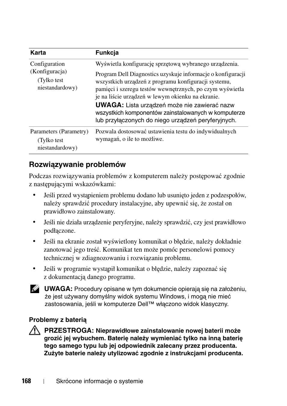 Rozwiązywanie problemów, Rozwi, Ązywanie problemów | Dell Precision T7400 (Late 2007) User Manual | Page 168 / 320