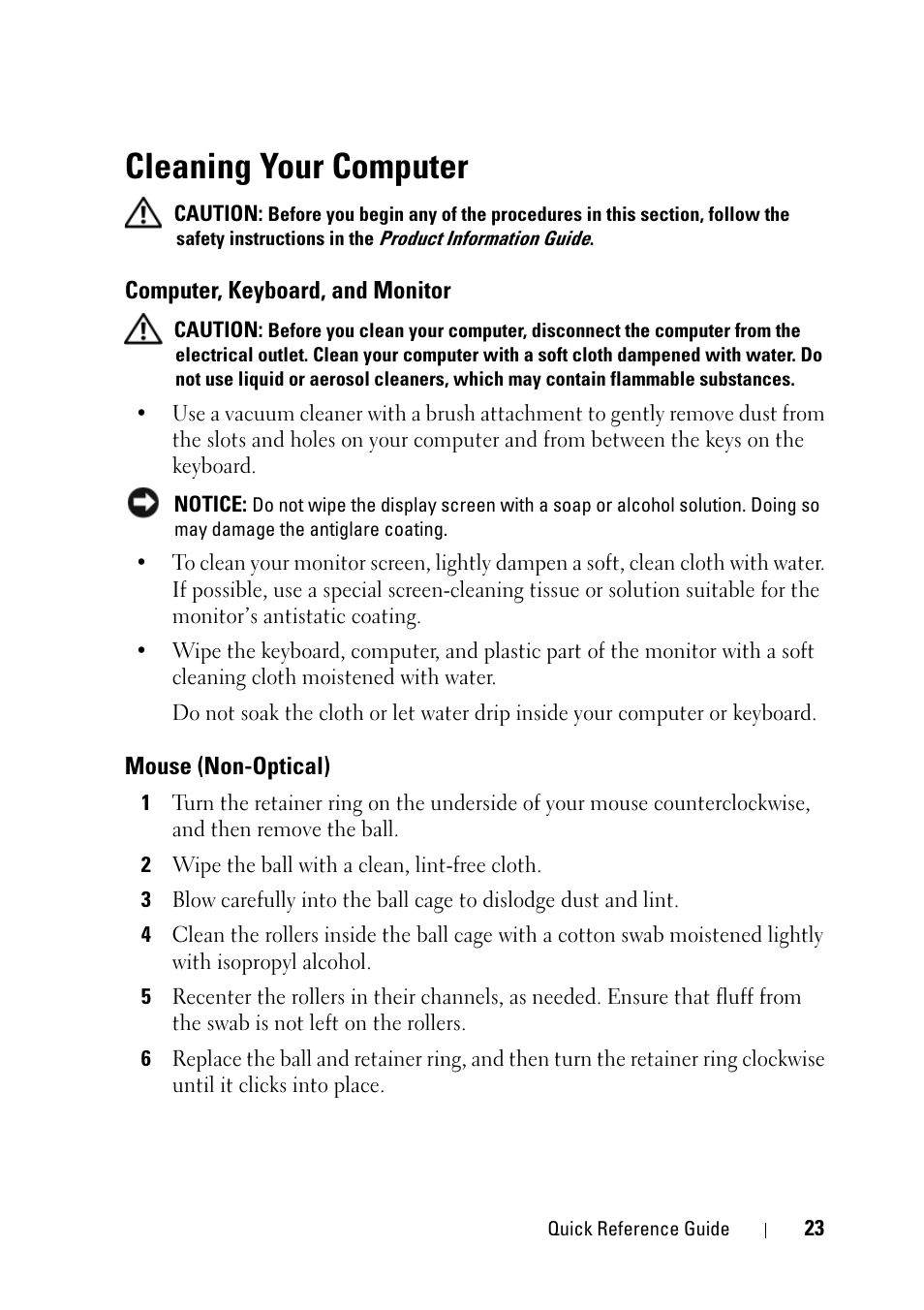Cleaning your computer, Computer, keyboard, and monitor, Mouse (non-optical) | Dell Precision T7400 (Late 2007) User Manual | Page 23 / 320
