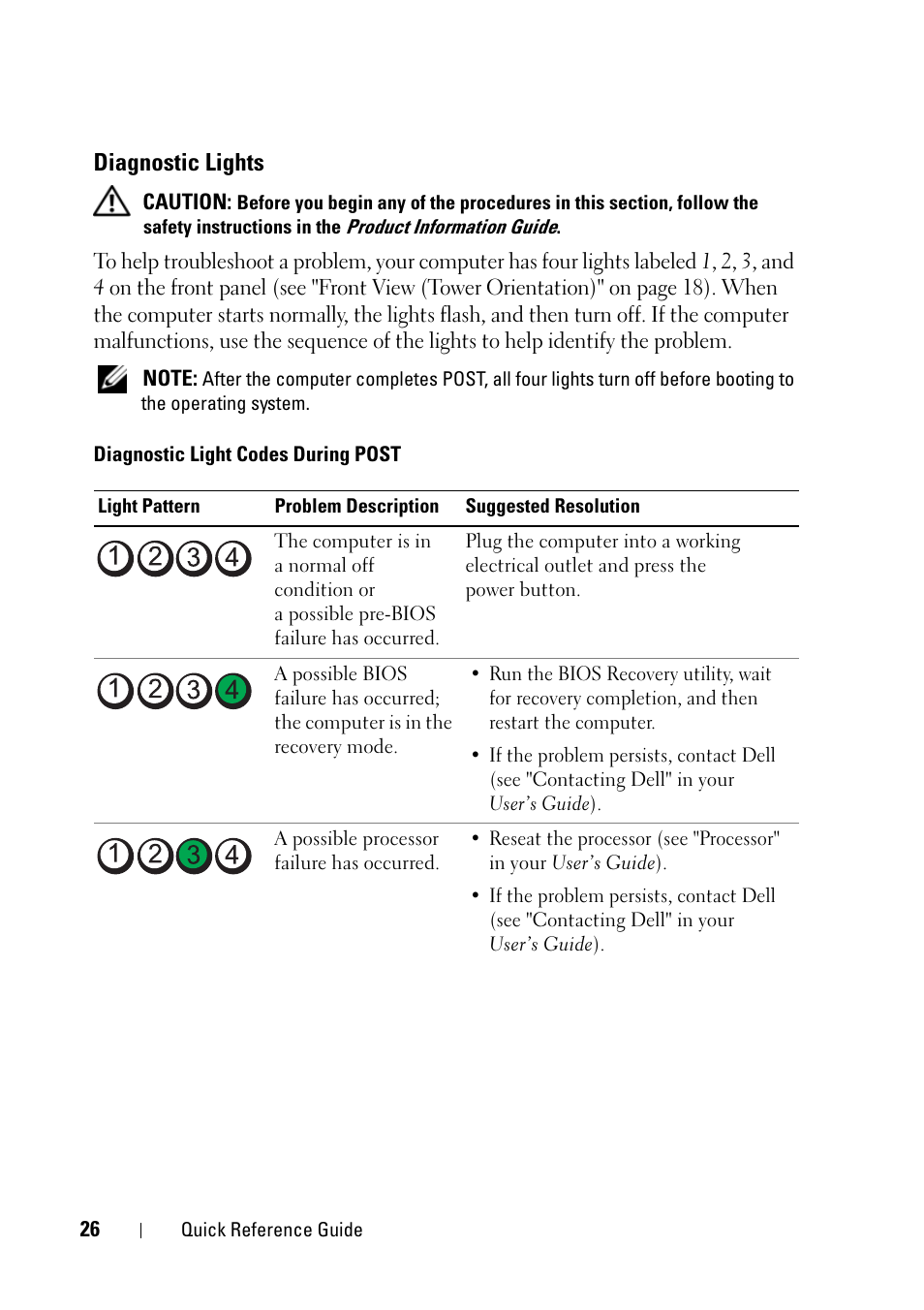 Diagnostic lights | Dell Precision T7400 (Late 2007) User Manual | Page 26 / 320
