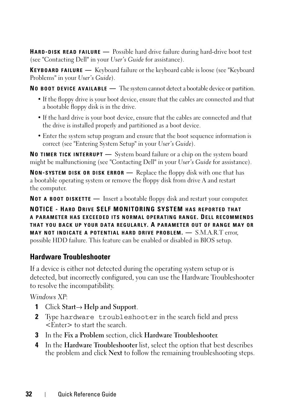 Hardware troubleshooter | Dell Precision T7400 (Late 2007) User Manual | Page 32 / 320