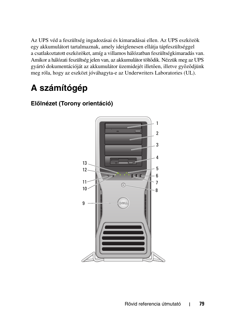 A számítógép, Előlnézet (torony orientáció), Őlnézet (torony orientáció) | Dell Precision T7400 (Late 2007) User Manual | Page 79 / 320