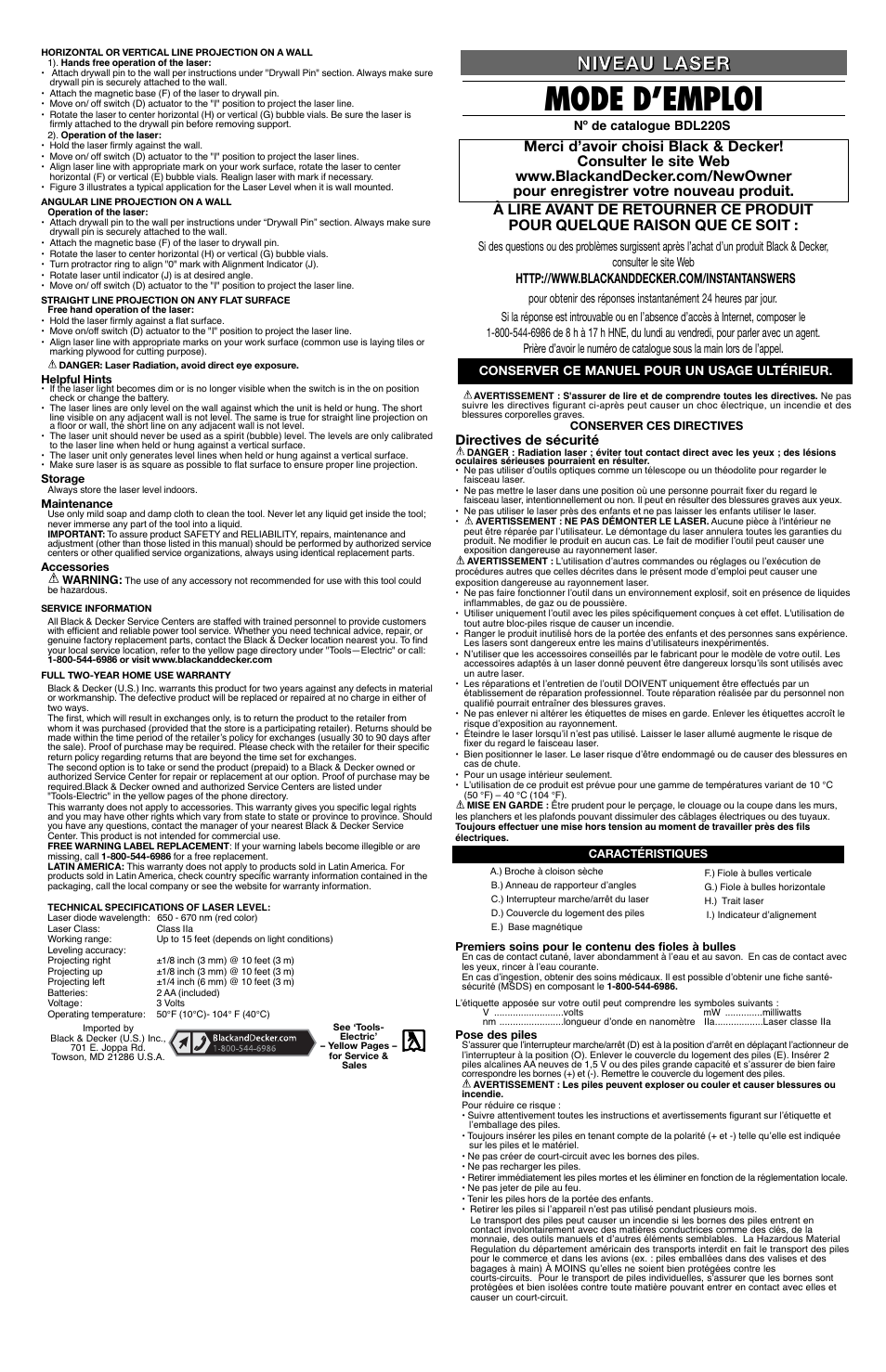 Mode d’emploi | Black & Decker BDL220S User Manual | Page 2 / 4