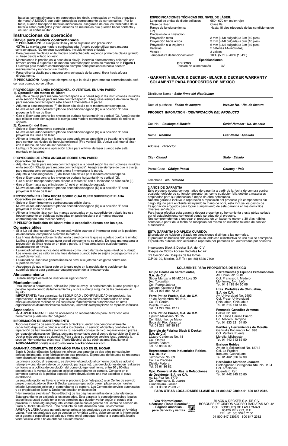 Instrucciones de operación | Black & Decker BDL220S User Manual | Page 4 / 4