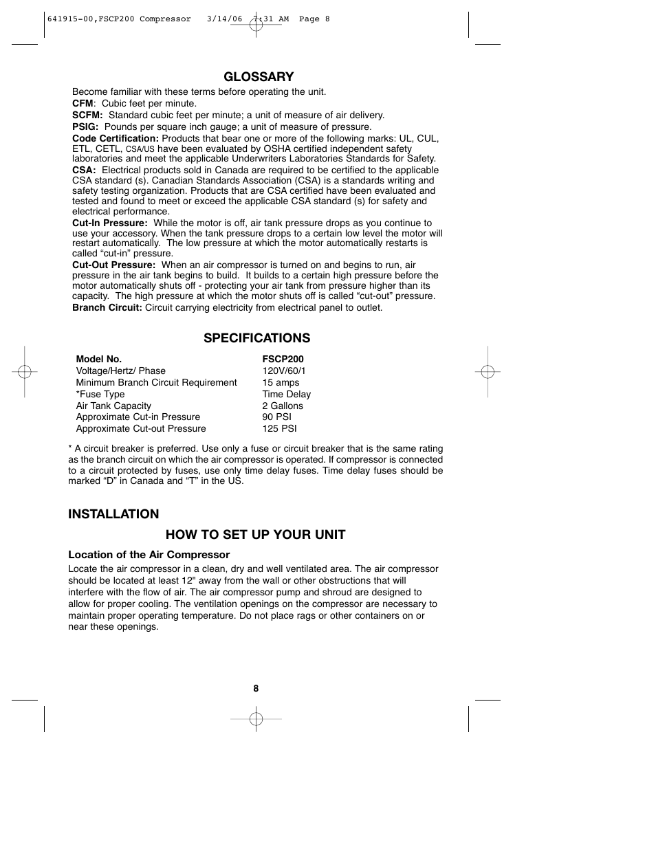 Glossary, Specifications, Installation | How to set up your unit | Black & Decker 641915-00 User Manual | Page 8 / 51