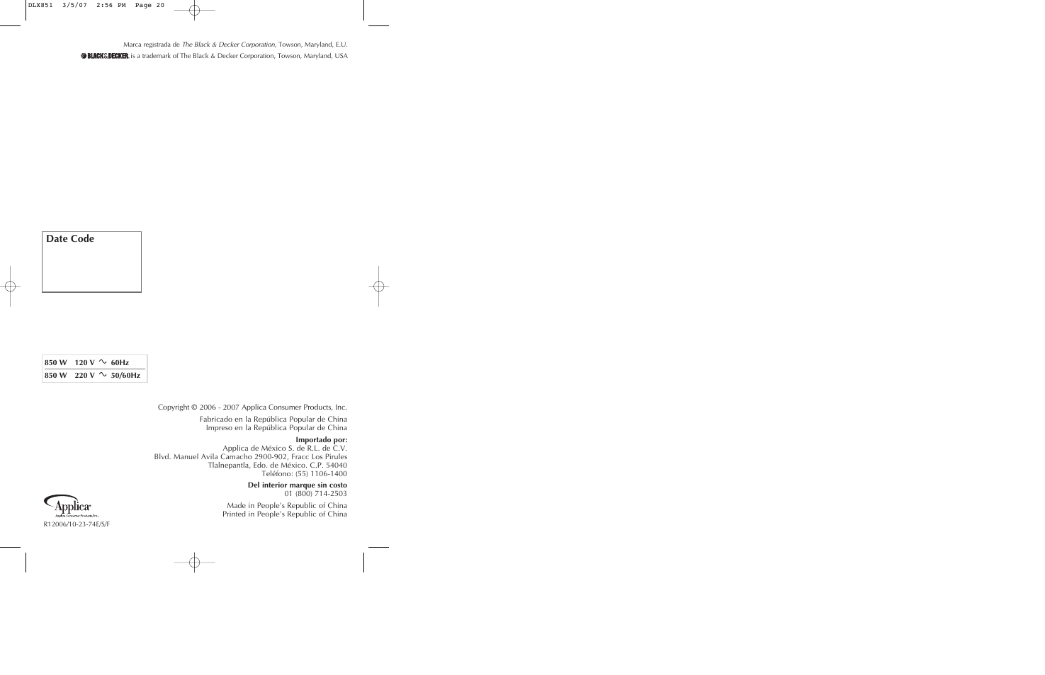 Date code | Black & Decker DLX851 User Manual | Page 11 / 11