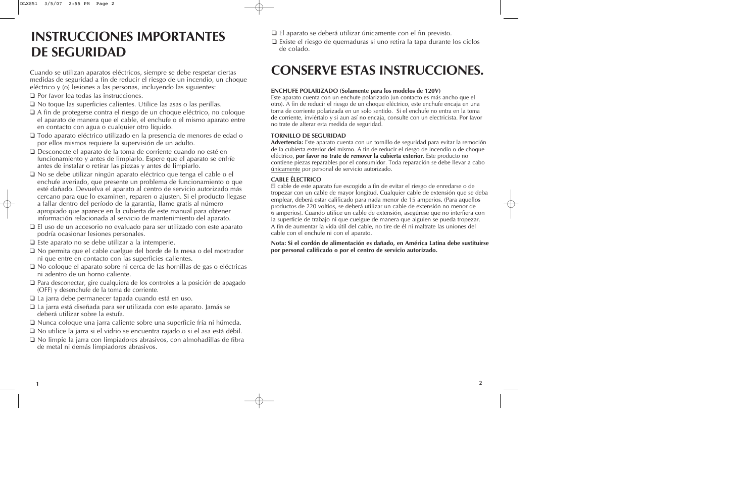 Instrucciones importantes de seguridad, Conserve estas instrucciones | Black & Decker DLX851 User Manual | Page 2 / 11