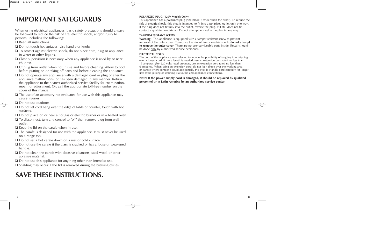 Important safeguards, Save these instructions | Black & Decker DLX851 User Manual | Page 5 / 11