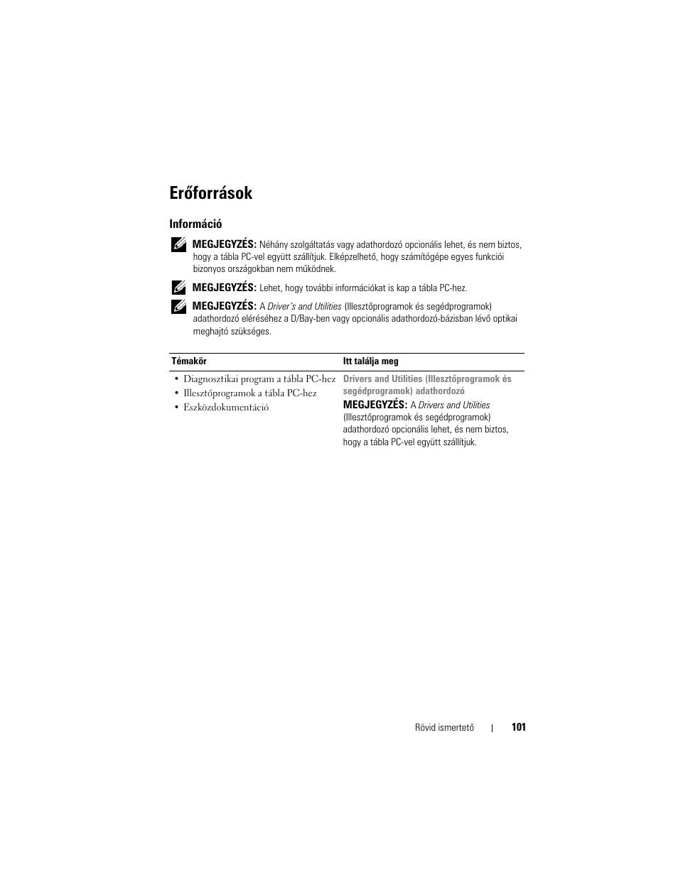 Erõforrások, Információ, Erőforrások | Dell Latitude XT (Late 2007) User Manual | Page 101 / 200