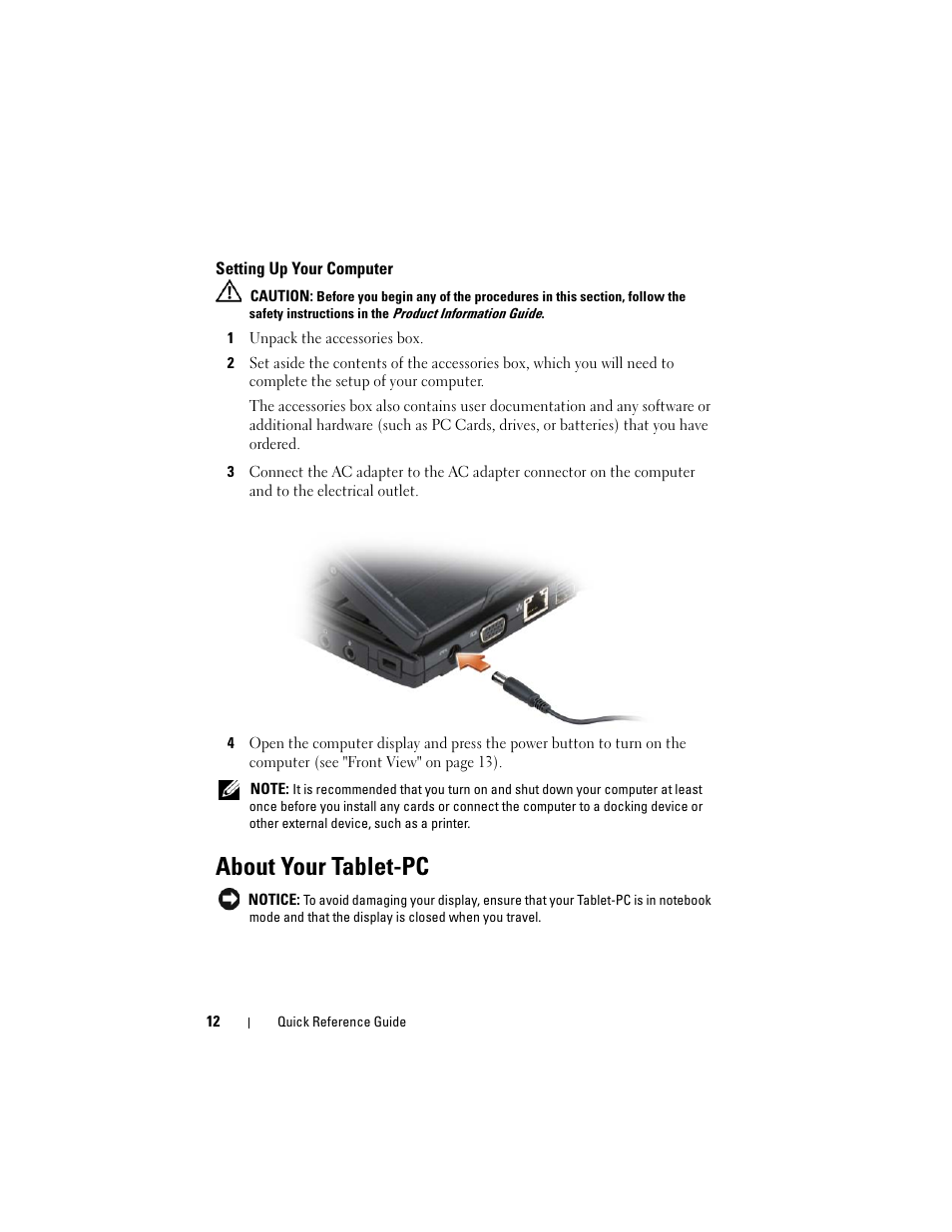 Setting up your computer, About your tablet-pc | Dell Latitude XT (Late 2007) User Manual | Page 12 / 200