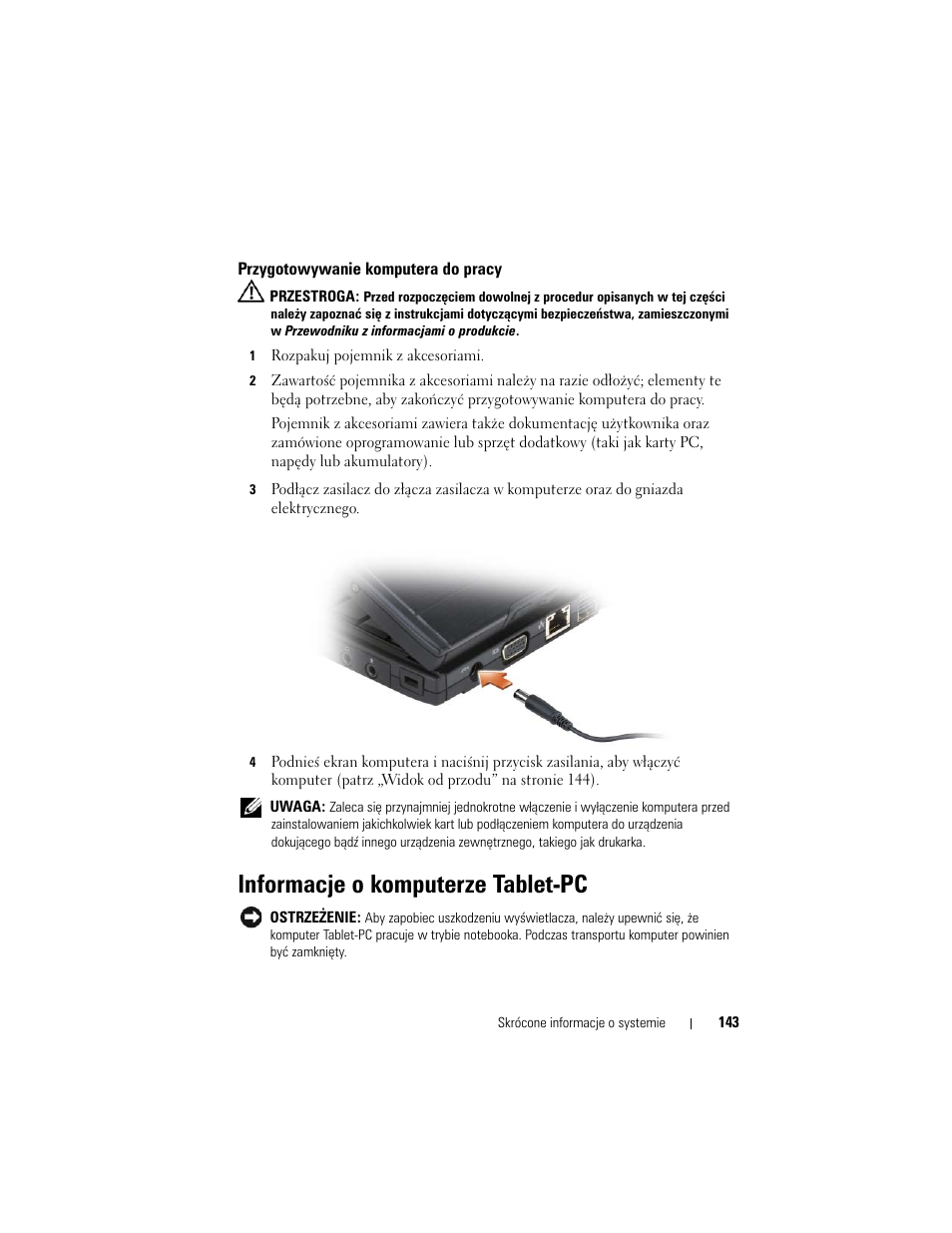 Przygotowywanie komputera do pracy, Informacje o komputerze tablet-pc | Dell Latitude XT (Late 2007) User Manual | Page 143 / 200