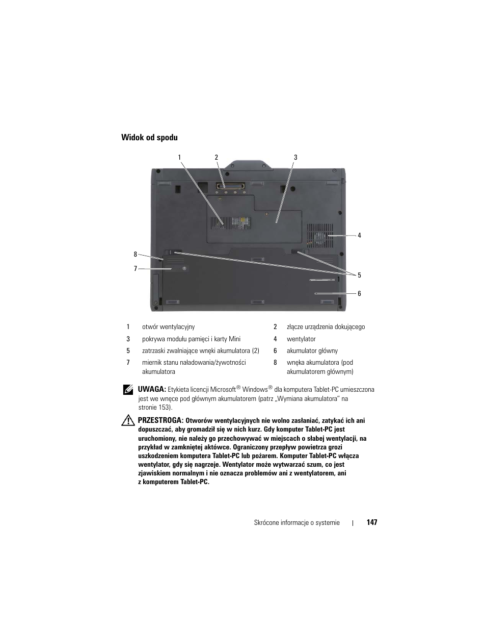 Widok od spodu | Dell Latitude XT (Late 2007) User Manual | Page 147 / 200