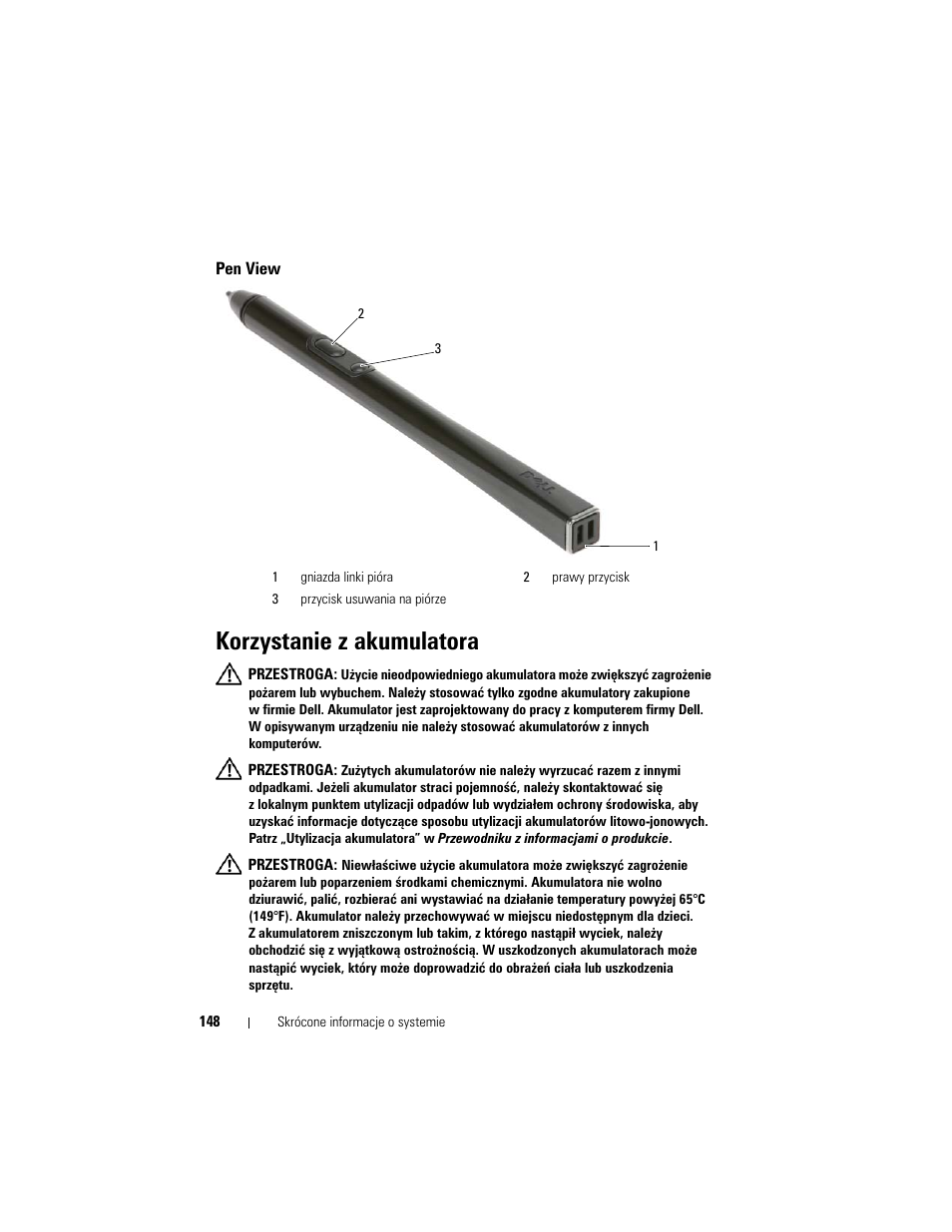 Pen view, Korzystanie z akumulatora | Dell Latitude XT (Late 2007) User Manual | Page 148 / 200