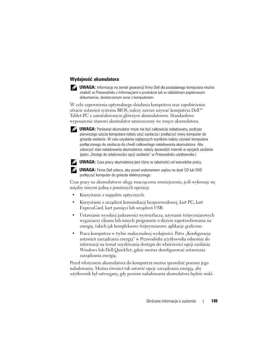 Wydajność akumulatora | Dell Latitude XT (Late 2007) User Manual | Page 149 / 200