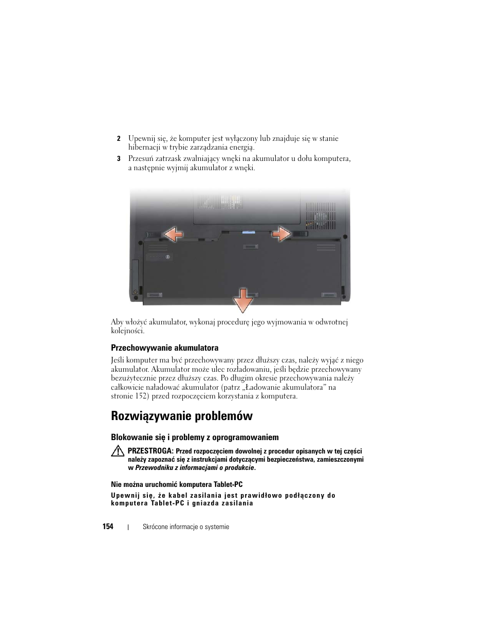 Przechowywanie akumulatora, Rozwiązywanie problemów, Blokowanie się i problemy z oprogramowaniem | Dell Latitude XT (Late 2007) User Manual | Page 154 / 200
