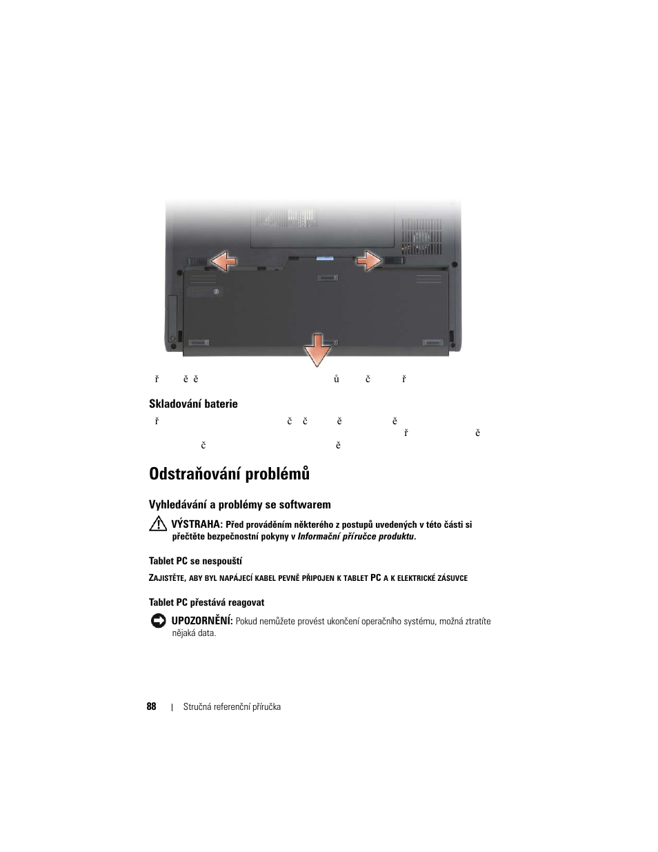 Skladování baterie, Odstraňování problémů, Vyhledávání a problémy se softwarem | Dell Latitude XT (Late 2007) User Manual | Page 88 / 200