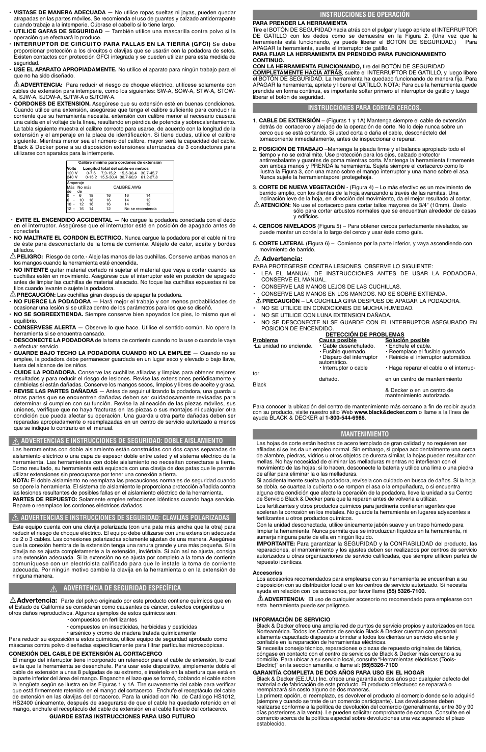 Advertencia de seguridad específica advertencia, Instrucciones de operación, Instrucciones para cortar cercos | Advertencia, Mantenimiento | Black & Decker TR1700 User Manual | Page 4 / 5