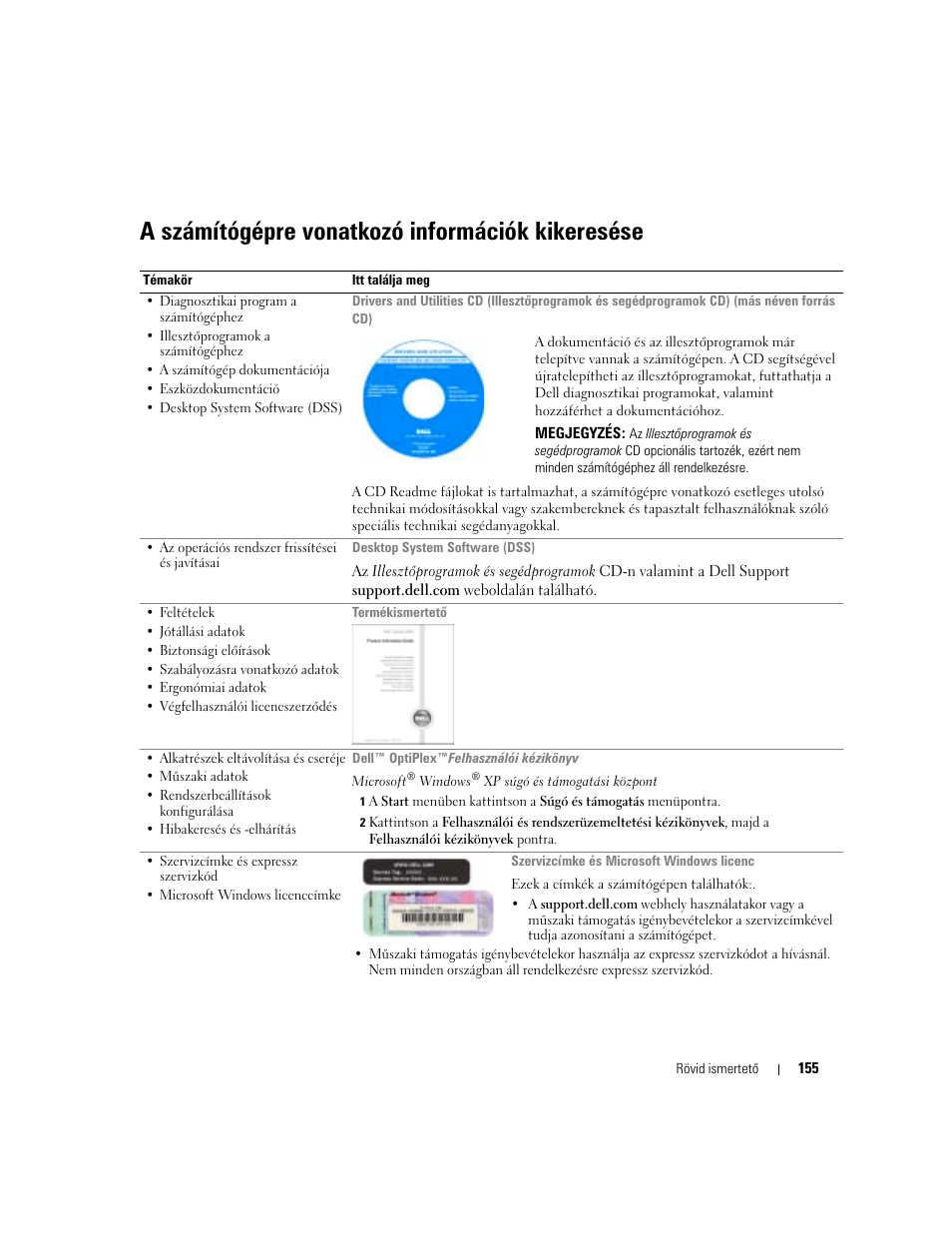A számítógépre vonatkozó információk kikeresése | Dell OptiPlex GX280 User Manual | Page 155 / 260
