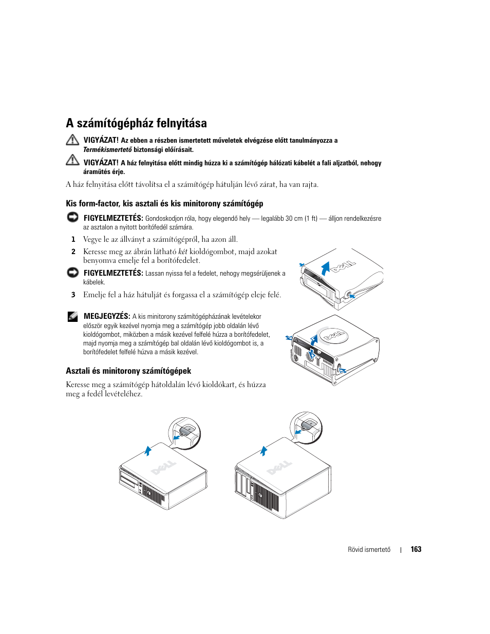 A számítógépház felnyitása, Asztali és minitorony számítógépek | Dell OptiPlex GX280 User Manual | Page 163 / 260