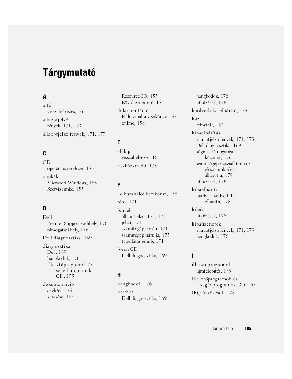Tárgymutató | Dell OptiPlex GX280 User Manual | Page 185 / 260