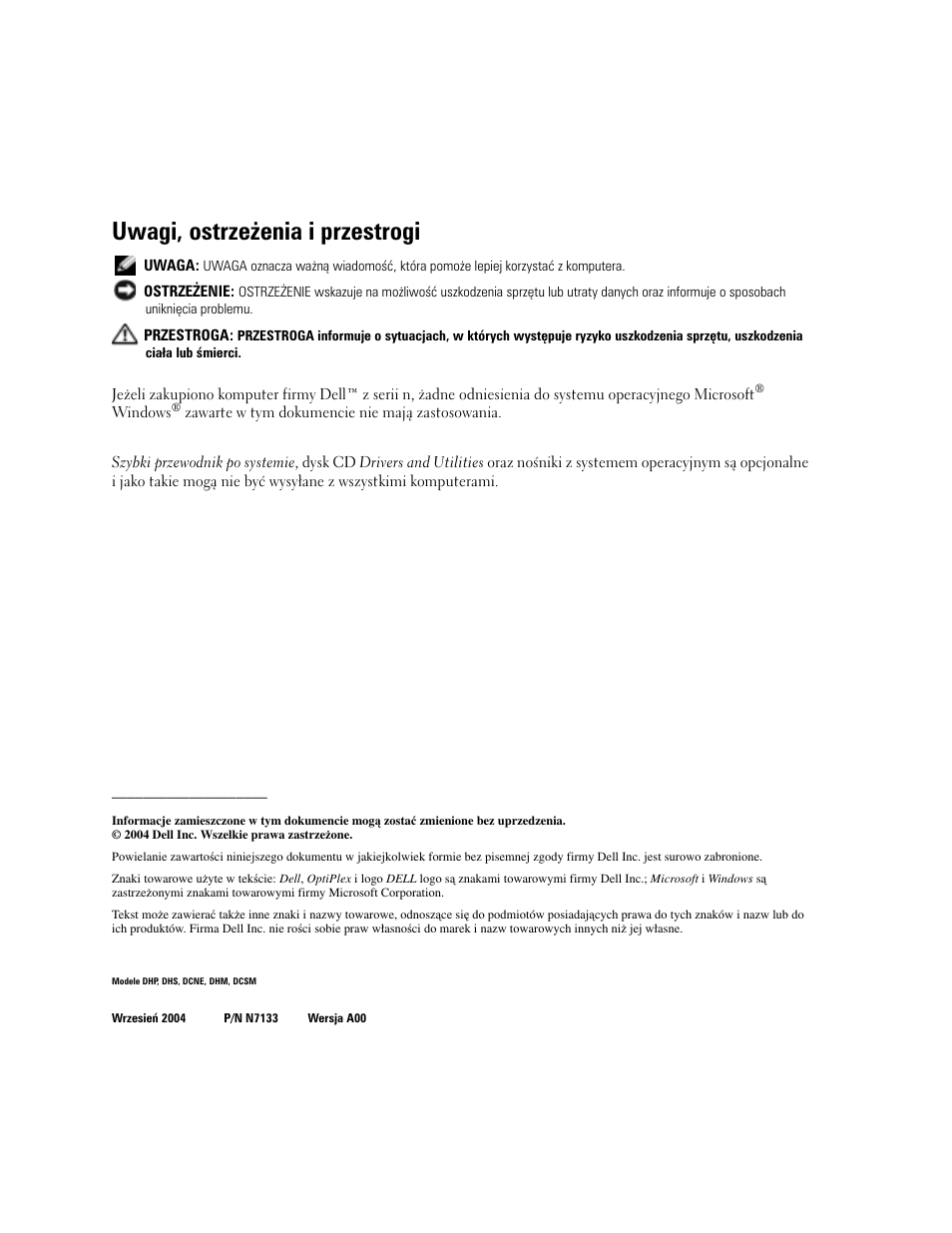 Uwagi, ostrzeżenia i przestrogi | Dell OptiPlex GX280 User Manual | Page 188 / 260